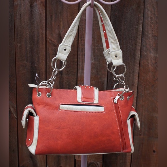 Orange and Turquoise Studded Accented Western Style Satchel Handbag - Picture 8 of 16